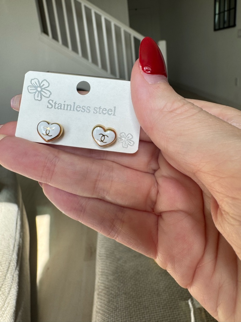 Gold-Trim White Heart Stainless Steel Stud Earrings